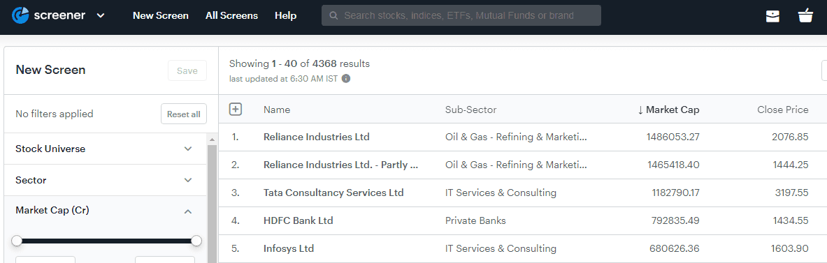 The nifty50 stocks on fundamental stock screener.